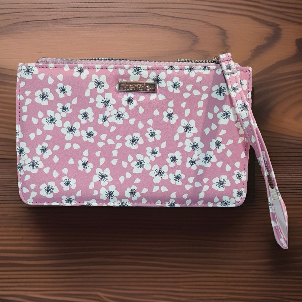 Pink Floral Kensie Wallet Wristlet Gold, Zipper,‎ White Flower, Feminine Pretty